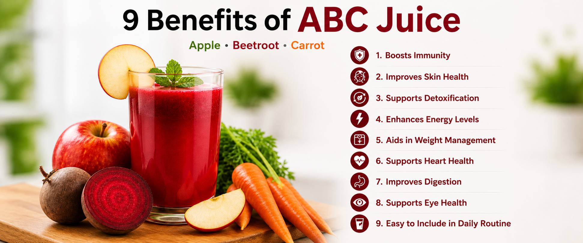 Glass of fresh ABC juice made with apple, beetroot, and carrot on a wooden table