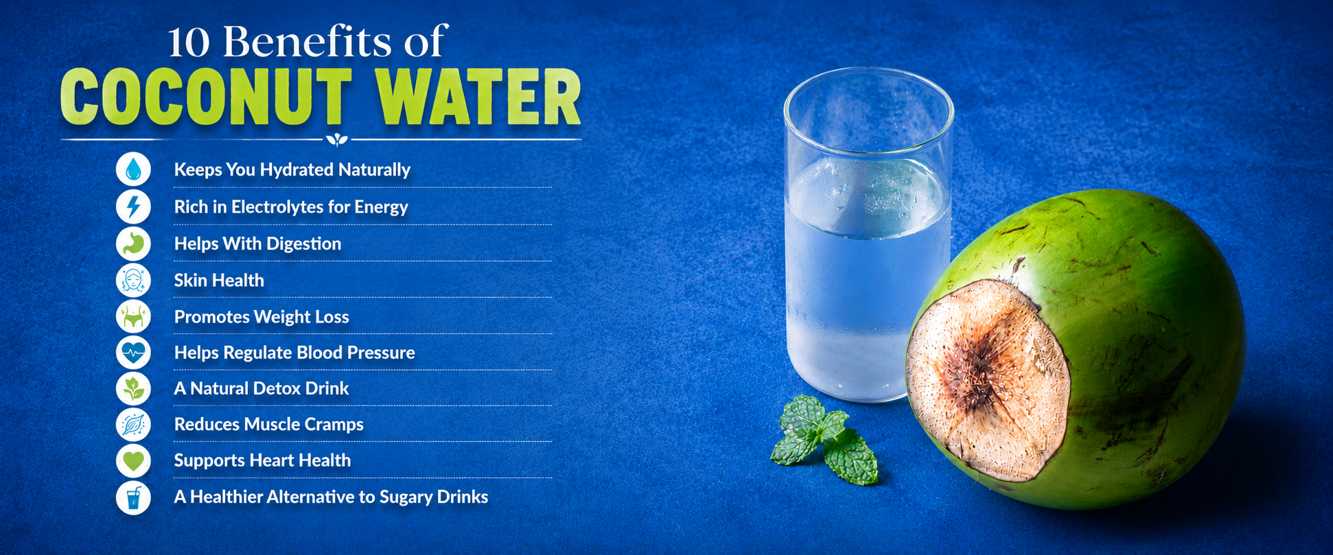 Fresh coconut water in a glass with a whole green coconut on a tropical background